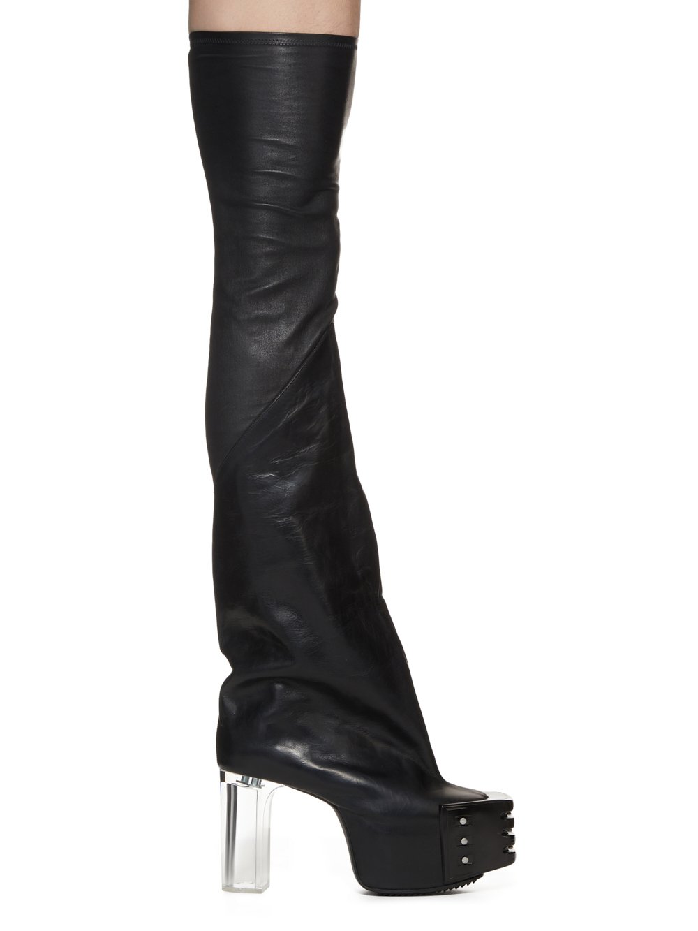 RICK OWENS FW23 LUXOR RUNWAY FLARED PLATFORMS 45 IN BLACK STRETCH LAMB LEATHER AND GROPPONE COW LEATHER RICK OWENS FW23 LUXOR RUNWAY FLARED PLATFORMS 45 IN BLACK STRETCH LAMB LEATHER AND GROPPONE COW LEATHER