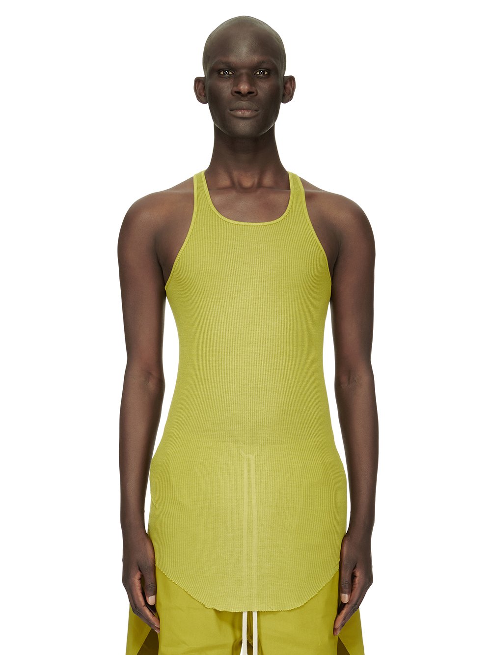 RICK OWENS FW23 LUXOR BASIC RIB TANK IN ACID YELLOW VISCOSE SILK RIB JERSEY