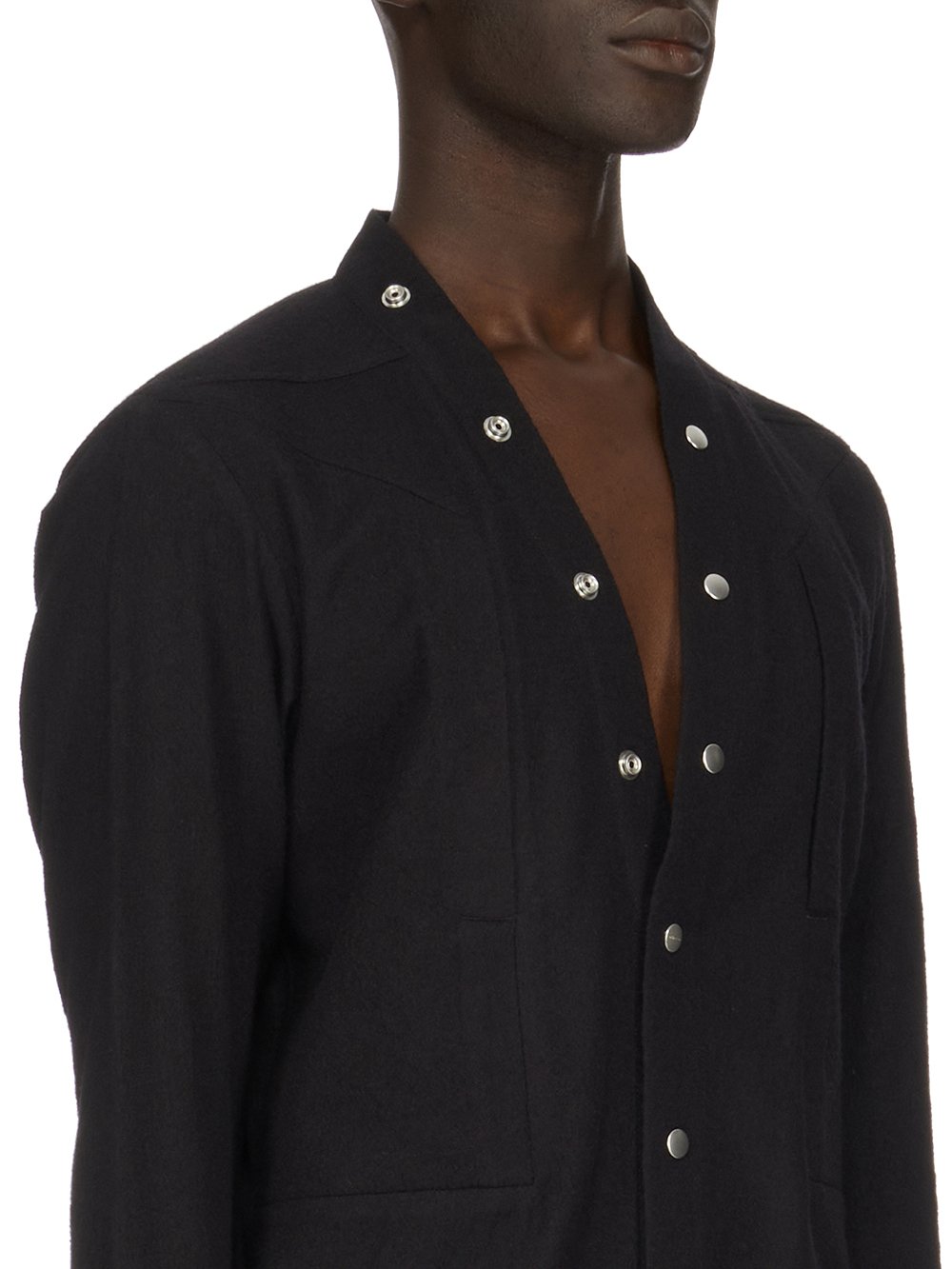 RICK OWENS FW23 LUXOR FOGPOCKET SHIRT LARRY  IN  BLACK SOFT WOOL FLANNEL