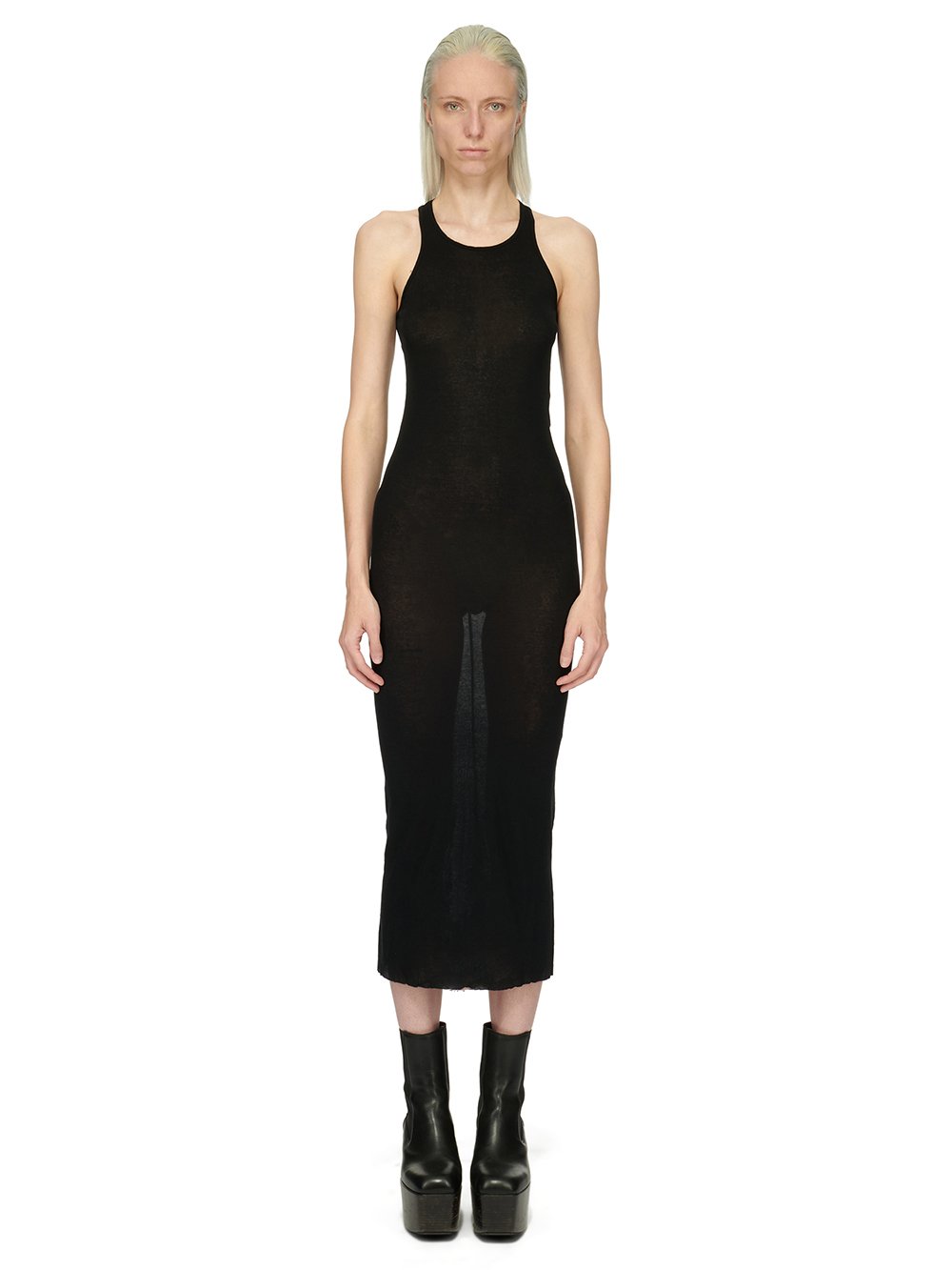 RICK OWENS FOREVER TANK DRESS IN BLACK MINI RIB JERSEY.