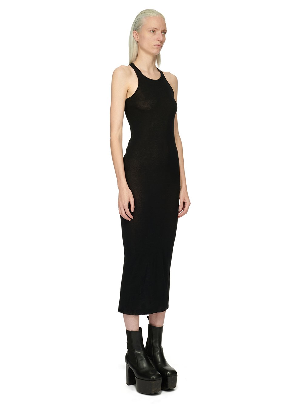 RICK OWENS FOREVER TANK DRESS IN BLACK MINI RIB JERSEY.