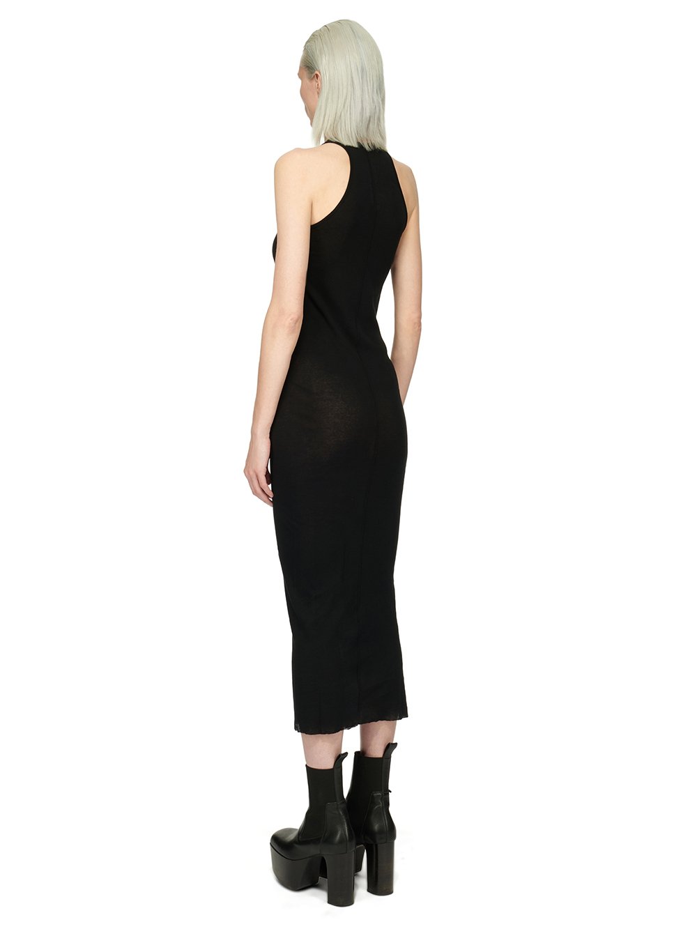 RICK OWENS FOREVER TANK DRESS IN BLACK MINI RIB JERSEY.