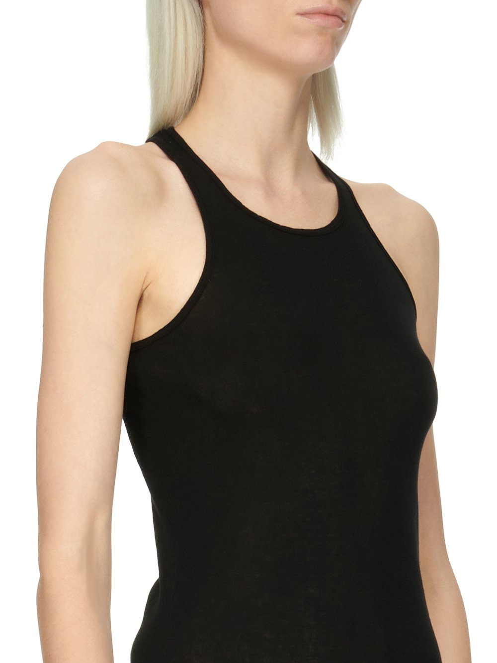 RICK OWENS FOREVER TANK DRESS IN BLACK MINI RIB JERSEY.