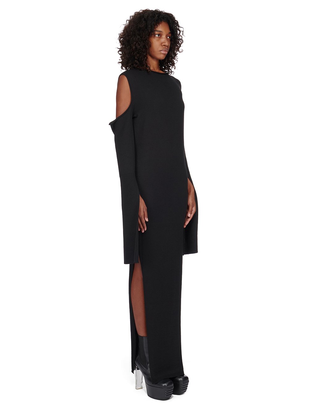 RICK OWENS FW23 LUXOR CAPE SLEEVE DRESS IN BLACK LIGHTWEIGHT RASATO KNIT