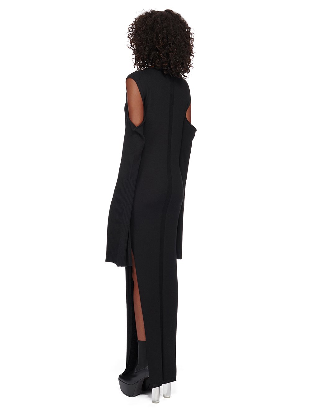 RICK OWENS FW23 LUXOR CAPE SLEEVE DRESS IN BLACK LIGHTWEIGHT RASATO KNIT