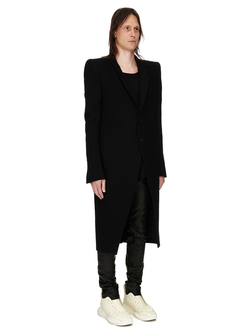 RICK OWENS FW23 LUXOR FOGPOCKET NEUE COAT IN BLACK SOFT WOOL FLANNEL