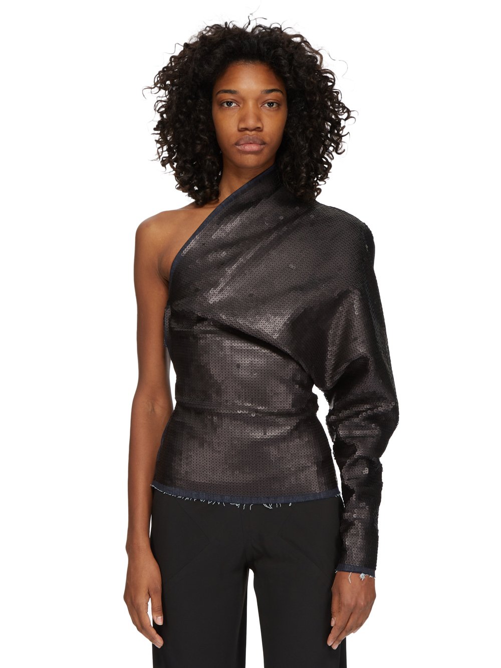 RICK OWENS FW23 LUXOR RUNWAY ONE SLEEVE TOP IN BLUE AND BLACK SEQUIN EMBROIDERED STRETCH DENIM