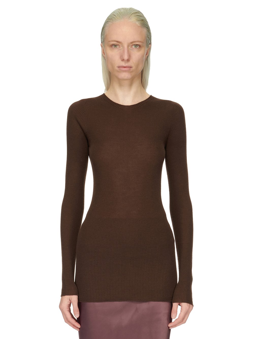 RICK OWENS FW23 LUXOR RIBBED ROUND NECK IN BROWN LIGHTWEIGHT RIBBED KNIT