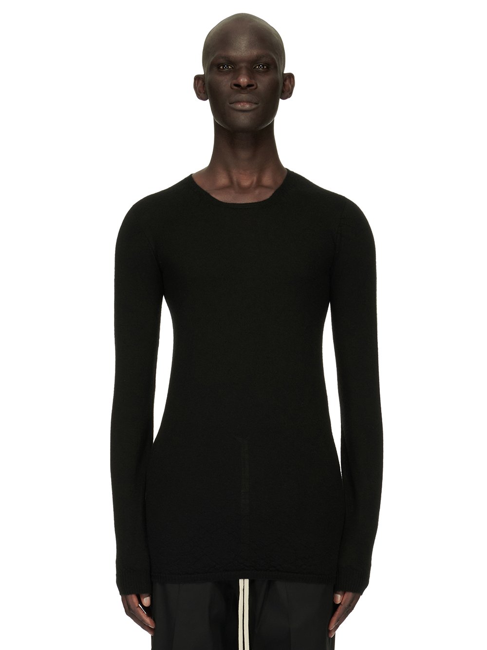 RICK OWENS FOREVER ROUND NECK SWEATER IN BLACK LIGHTWEIGHT RASATO KNIT