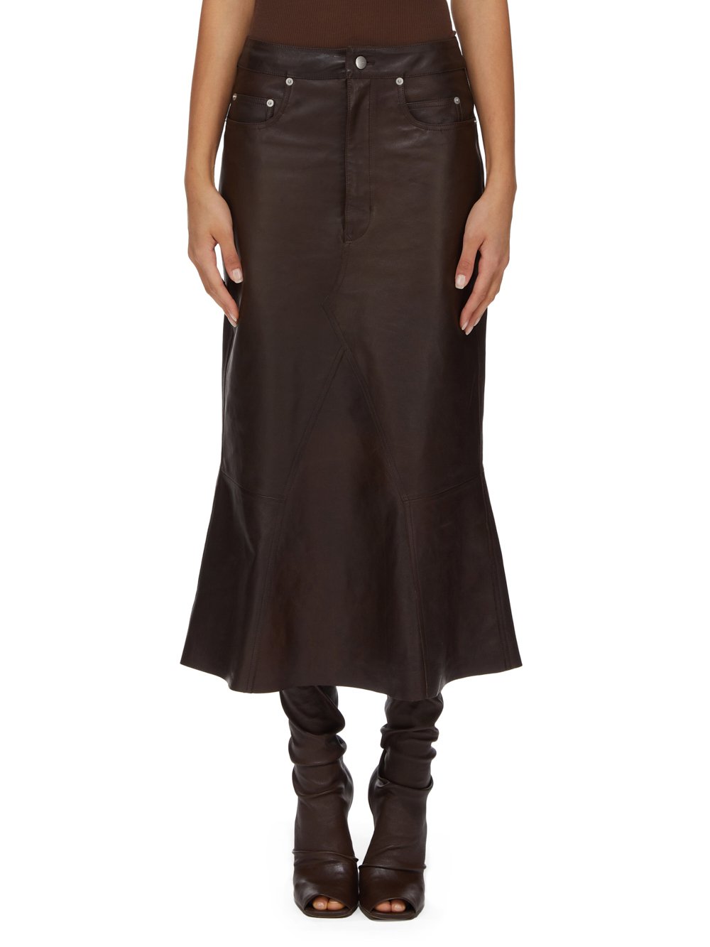 RICK OWENS FW23 LUXOR GODET SKIRT IN BROWN VEG NAPPA LAMB RICK OWENS FW23 LUXOR GODET SKIRT IN BROWN VEG NAPPA LAMB