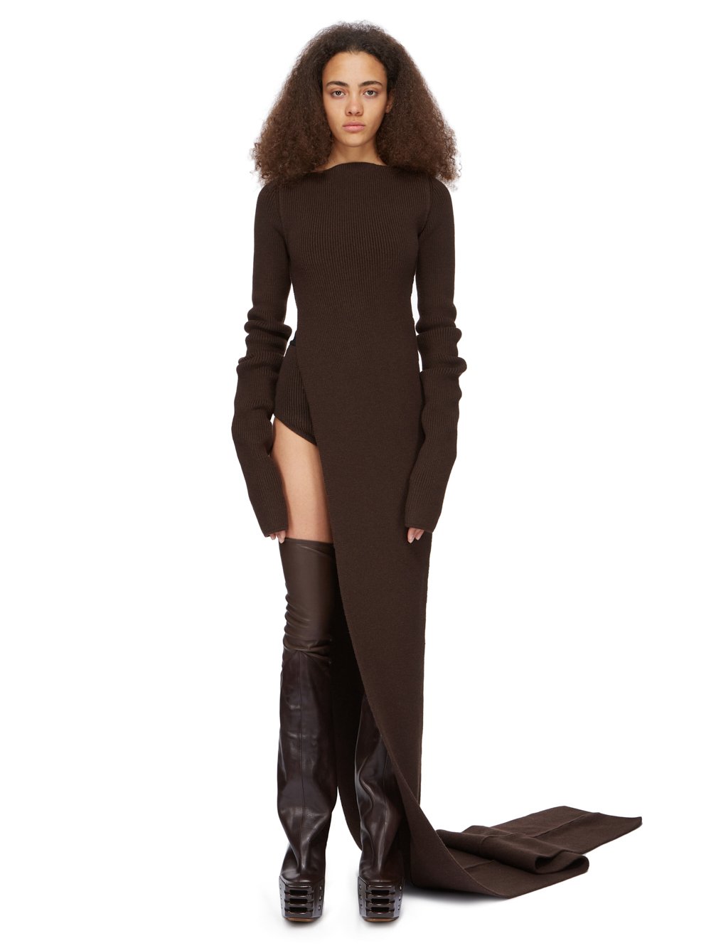 RICK OWENS FW23 LUXOR RUNWAY LONG TOP IN BROWN HEAVY RIB RECYCLED CASHMERE RICK OWENS FW23 LUXOR RUNWAY LONG TOP IN BROWN HEAVY RIB RECYCLED CASHMERE