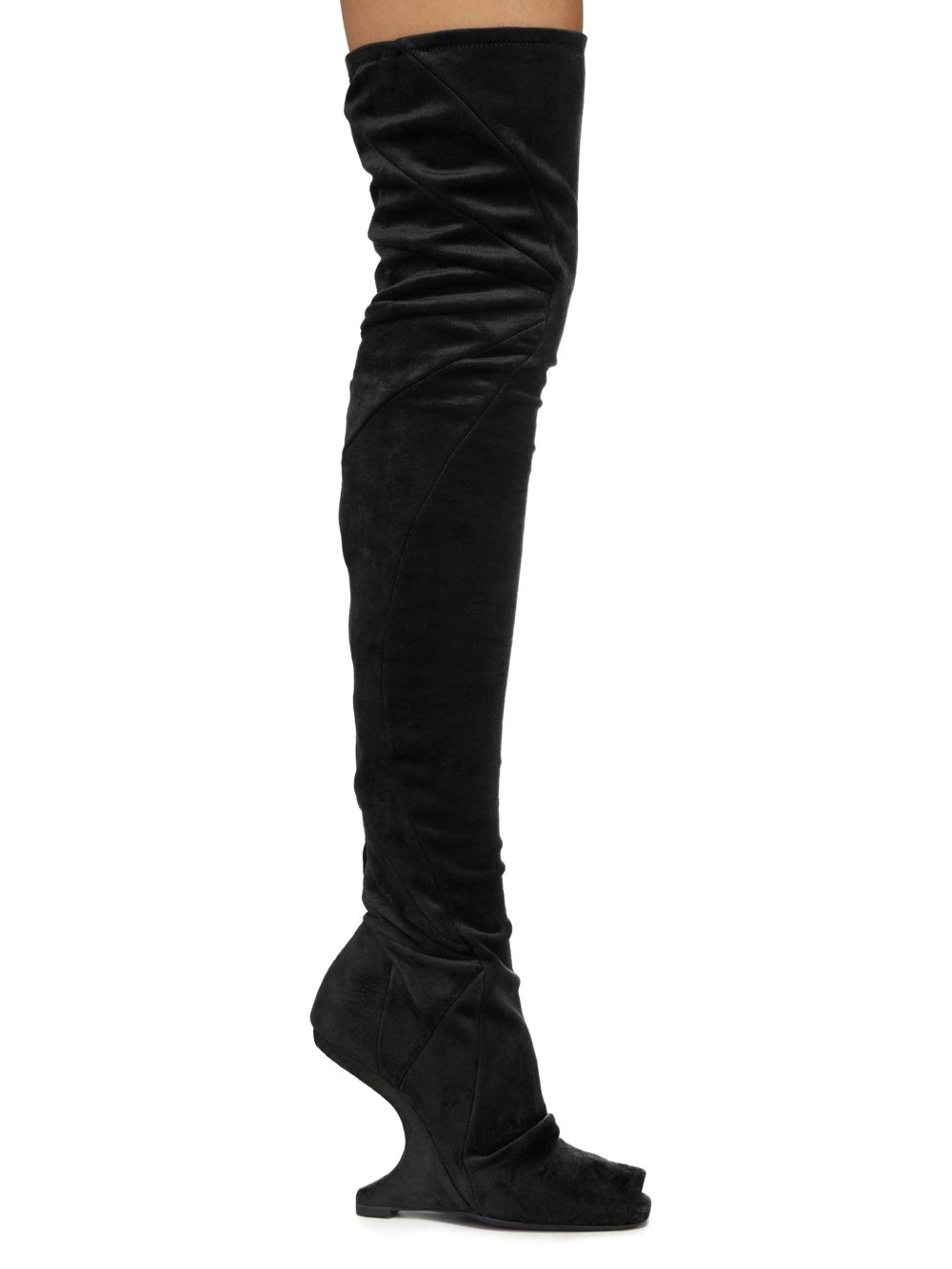RICK OWENS LILIES FW23 LUXOR CANTILEVER 11 THIGH HIGH BOOT IN BLACK VELVET JERSEY