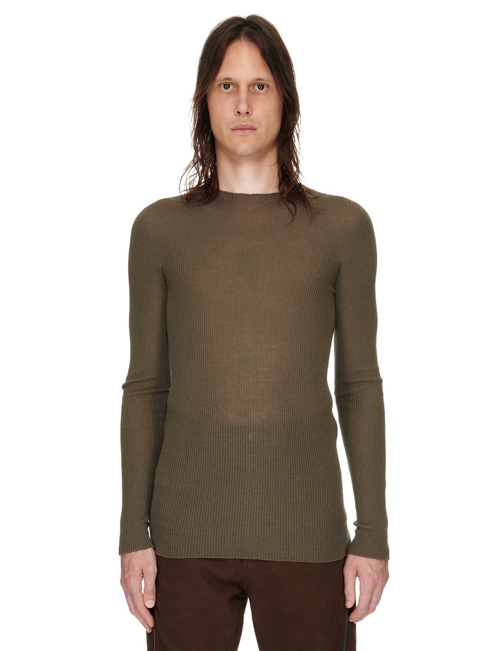 RICK OWENS FW23 LUXOR RIBBED ROUND NECK IN DUST GREY LIGHTWEIGHT RIBBED KNIT