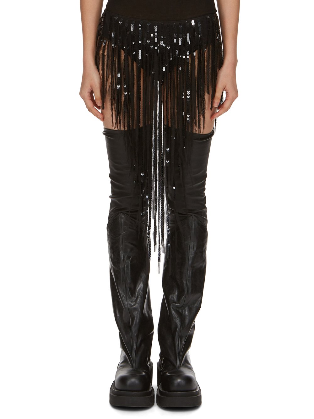 RICK OWENS FW23 LUXOR FRINGED PANTY IN BLACK SEQUIN EMBROIDERED SILK CHIFFON