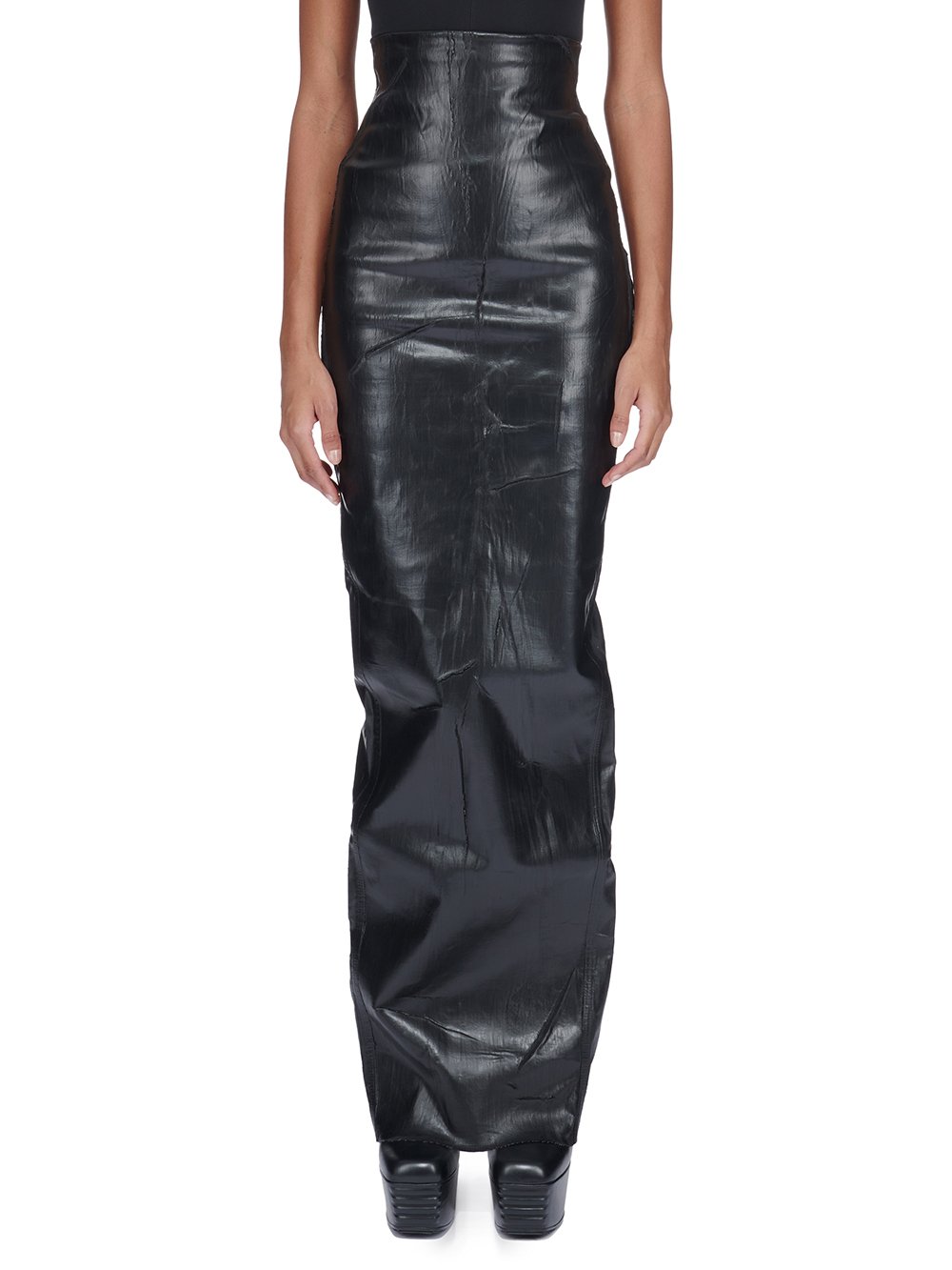 RICK OWENS FW23 LUXOR DIRT PILLAR IN BLACK CRACKED STRETCH DENIM