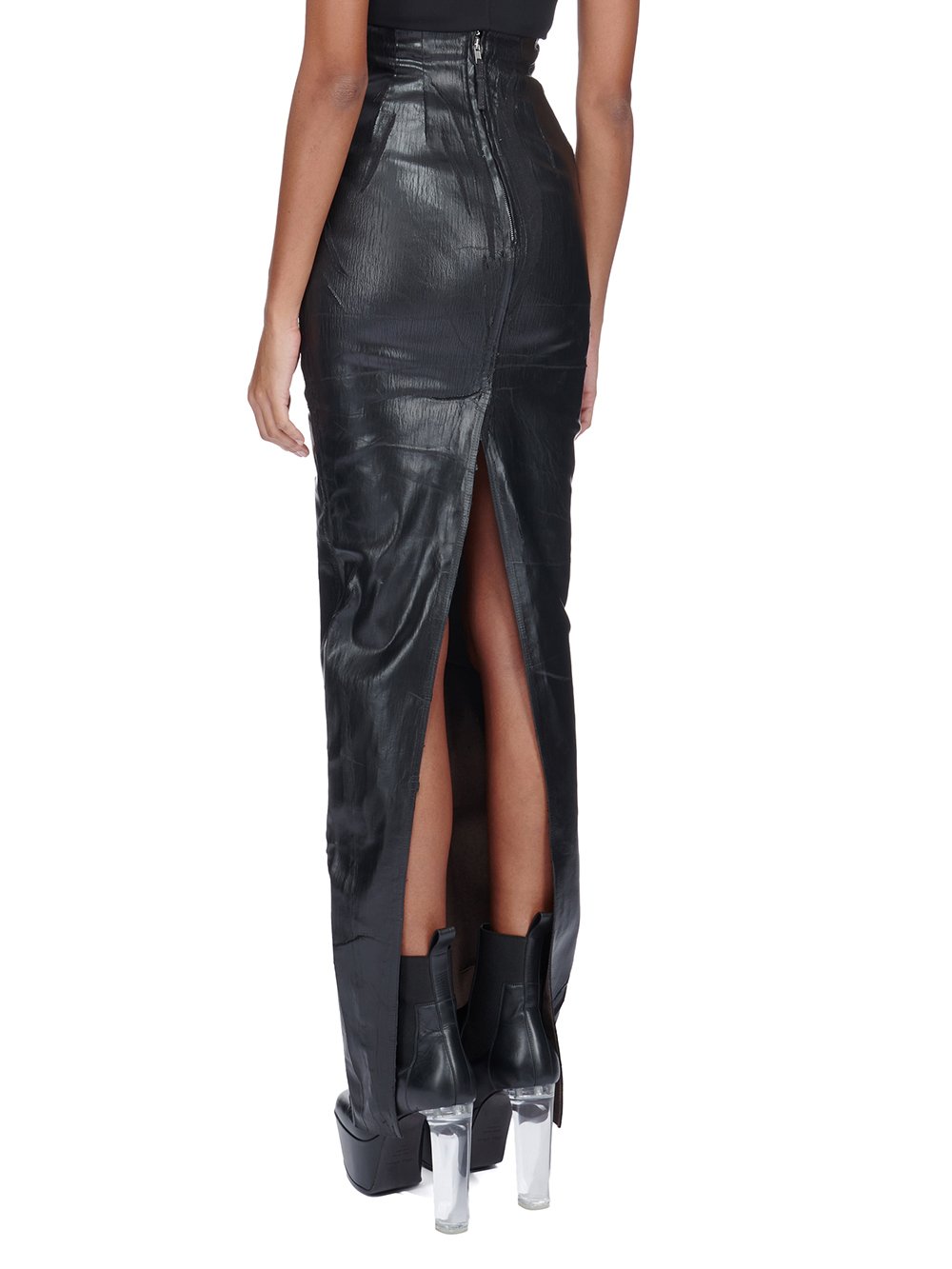 RICK OWENS FW23 LUXOR DIRT PILLAR IN BLACK CRACKED STRETCH DENIM