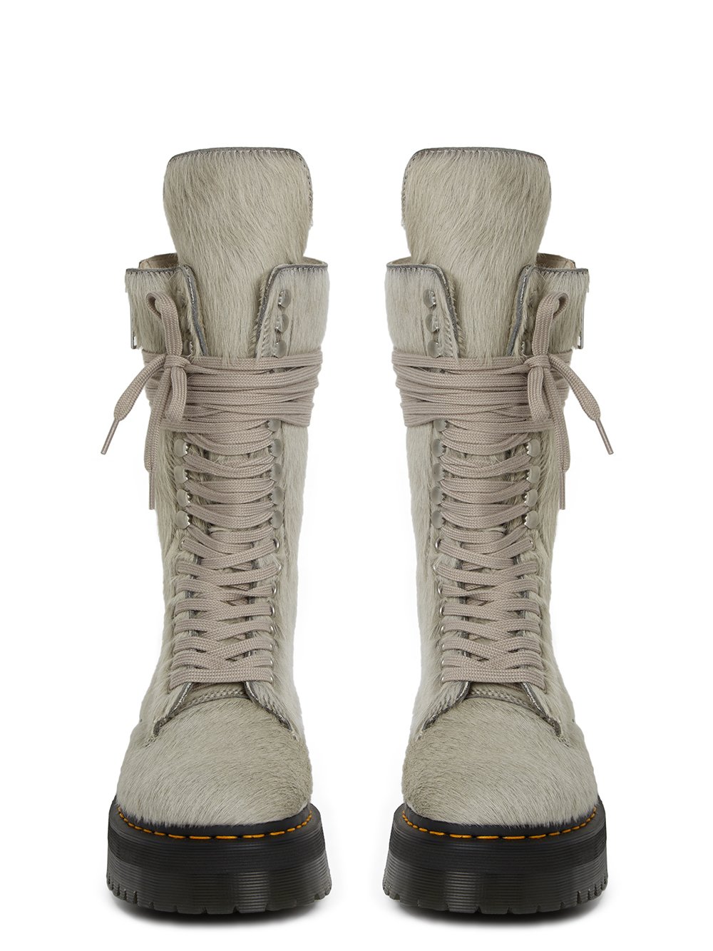 DR. MARTENS x RICK OWENS FW22 STROBE CALF LENGTH BOOT IN PEARL HAIR-ON COW LEATHER.  