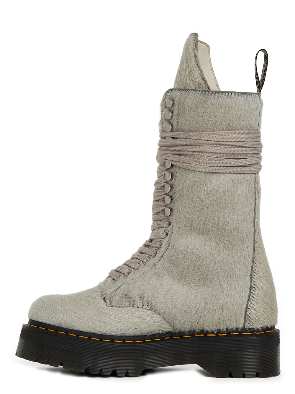 DR. MARTENS x RICK OWENS FW22 STROBE CALF LENGTH BOOT IN PEARL HAIR-ON COW LEATHER.  