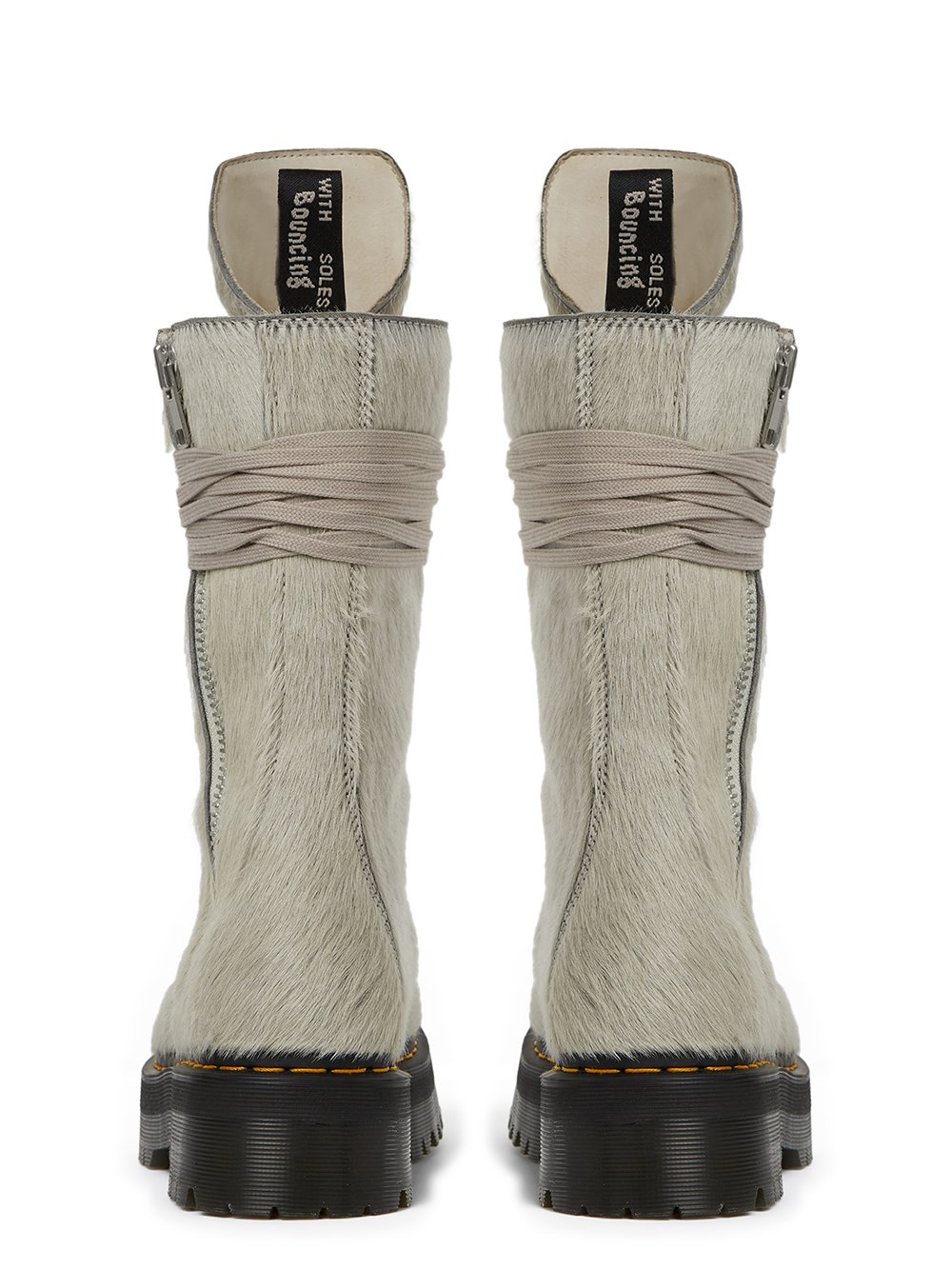 DR. MARTENS x RICK OWENS FW22 STROBE CALF LENGTH BOOT IN PEARL HAIR-ON COW LEATHER.  