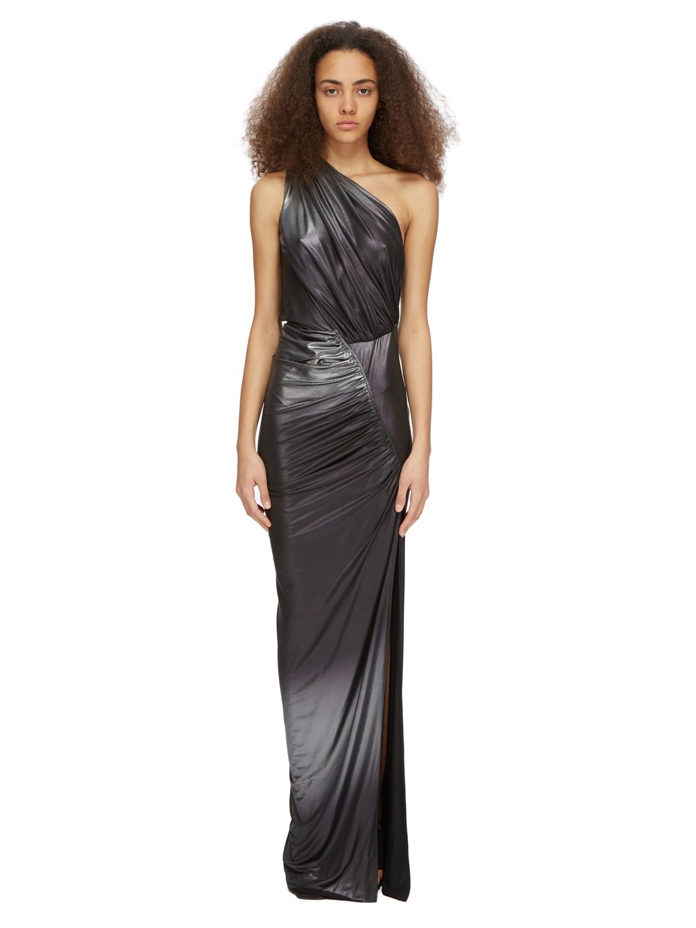 RICK OWENS LILIES FW23 LUXOR HERA GOWN IN SILVER DEGRADE GLOSSY VISCOSE JERSEY