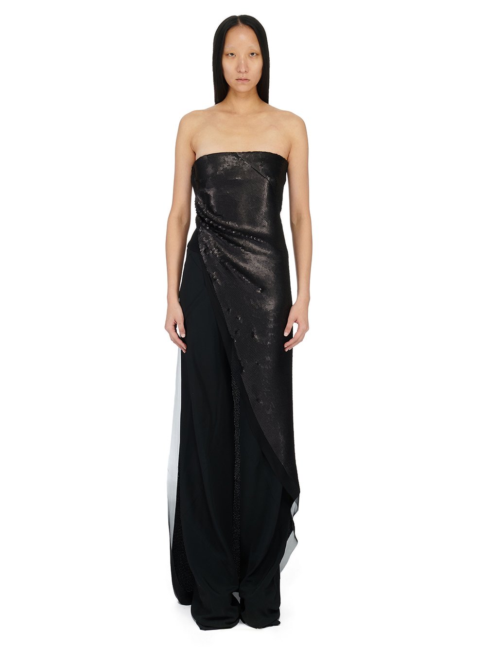 RICK OWENS FW23 LUXOR LONG TOP IN BLACK SEQUIN EMBROIDERED SILK CHIFFON