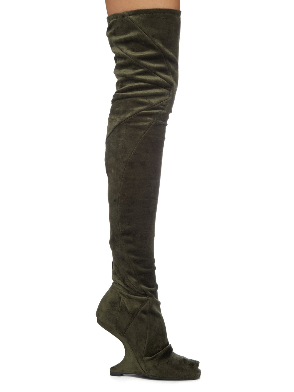 RICK OWENS FW23 LUXOR CANTILEVER 11 THIGH HIGH BOOT IN FOREST VELVET JERSEY