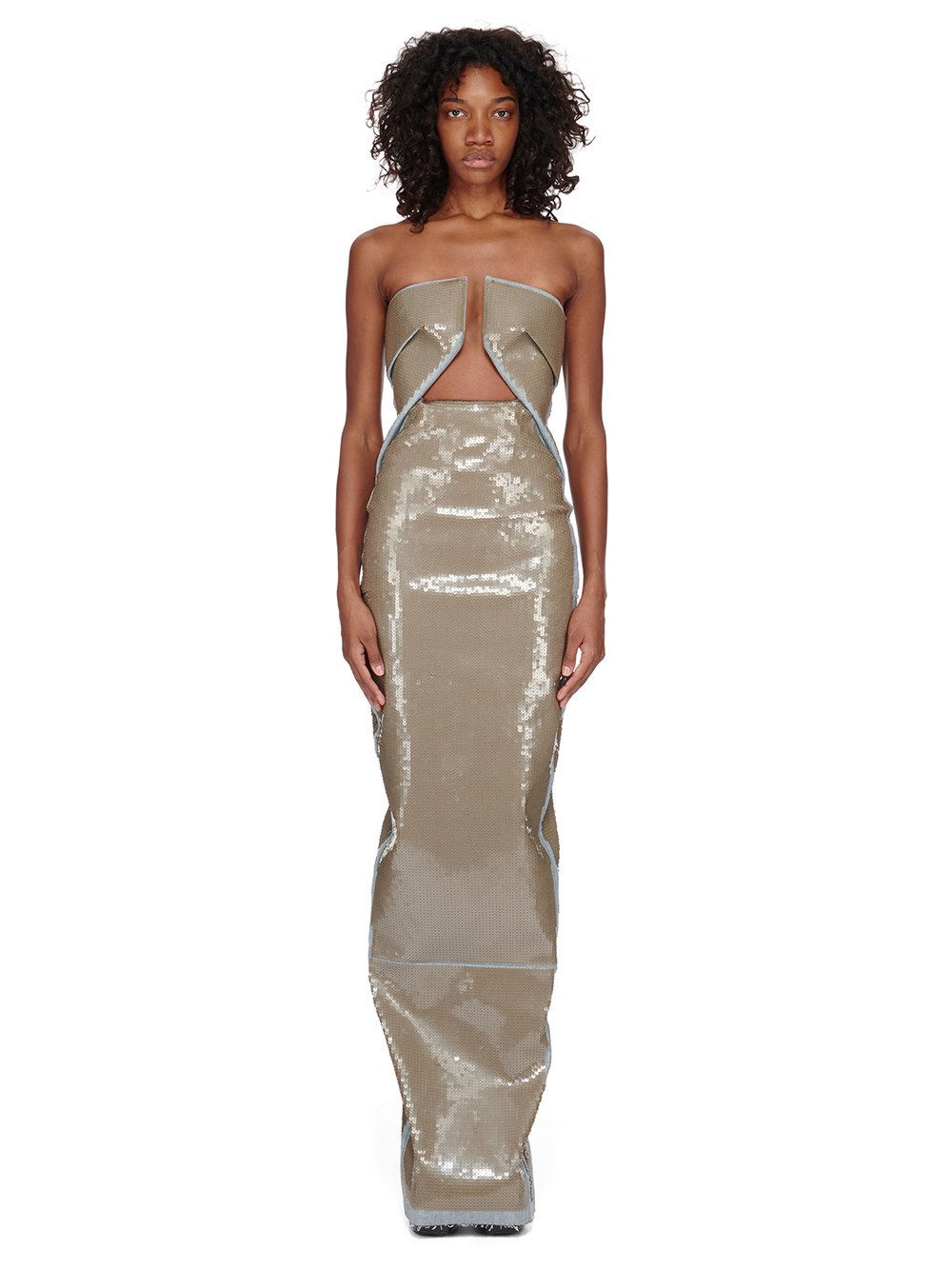 RICK OWENS FW23 LUXOR PRONG GOWN IN BLUE AND DUST SEQUIN EMBROIDERED STRETCH DENIM