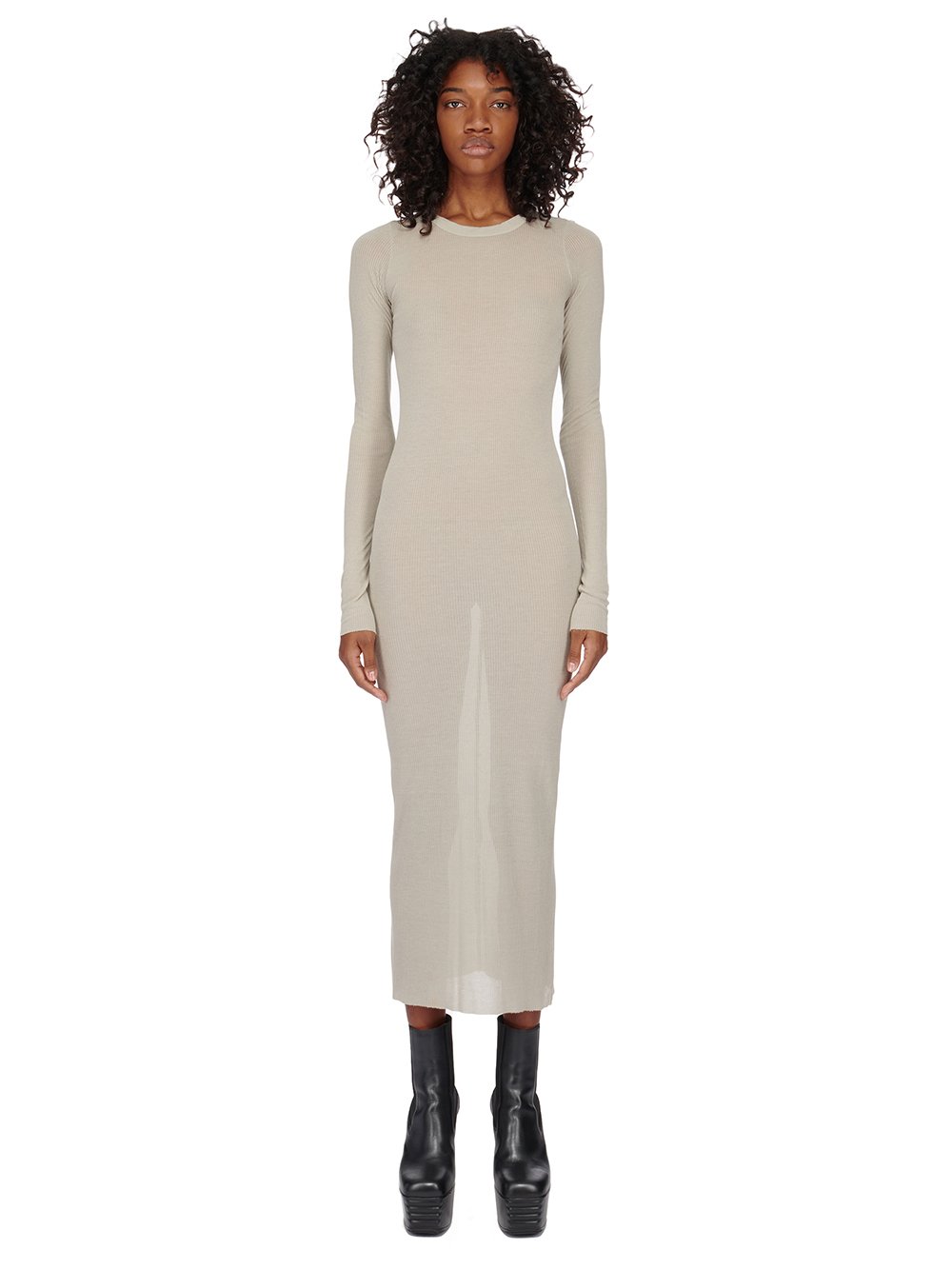 RICK OWENS FW23 LUXOR RIB LS DRESS IN PEARL VISCOSE SILK RIB JERSEY