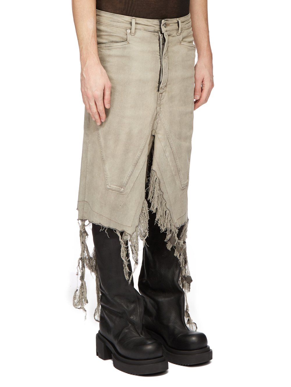 RICK OWENS FW23 LUXOR RUNWAY SLIVERED SKIRT IN MINERAL PEARL STRETCH DENIM FRINGED