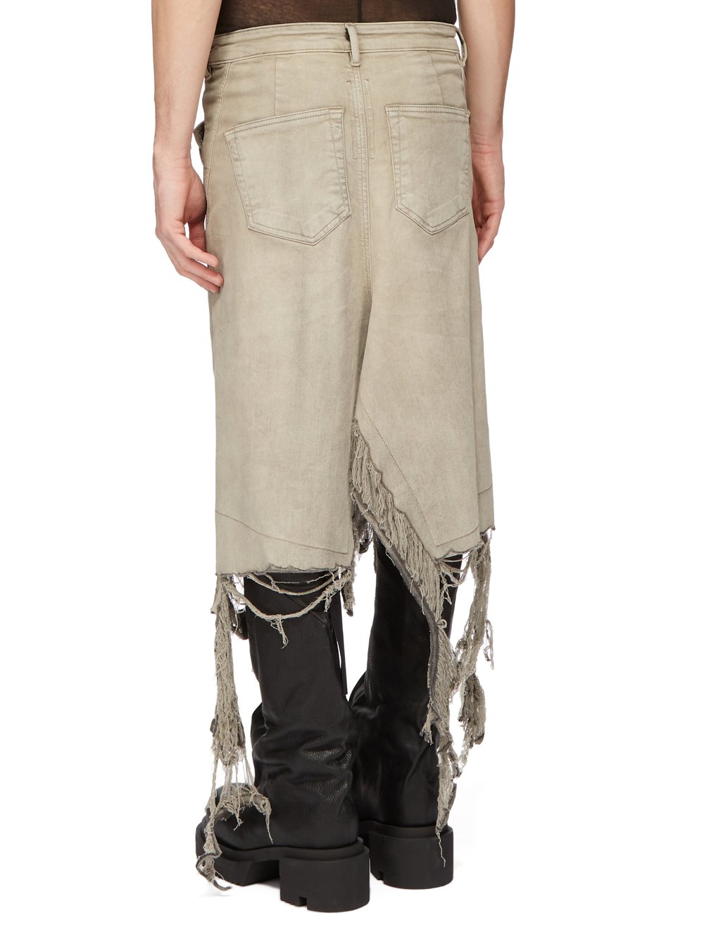 RICK OWENS FW23 LUXOR RUNWAY SLIVERED SKIRT IN MINERAL PEARL STRETCH DENIM FRINGED