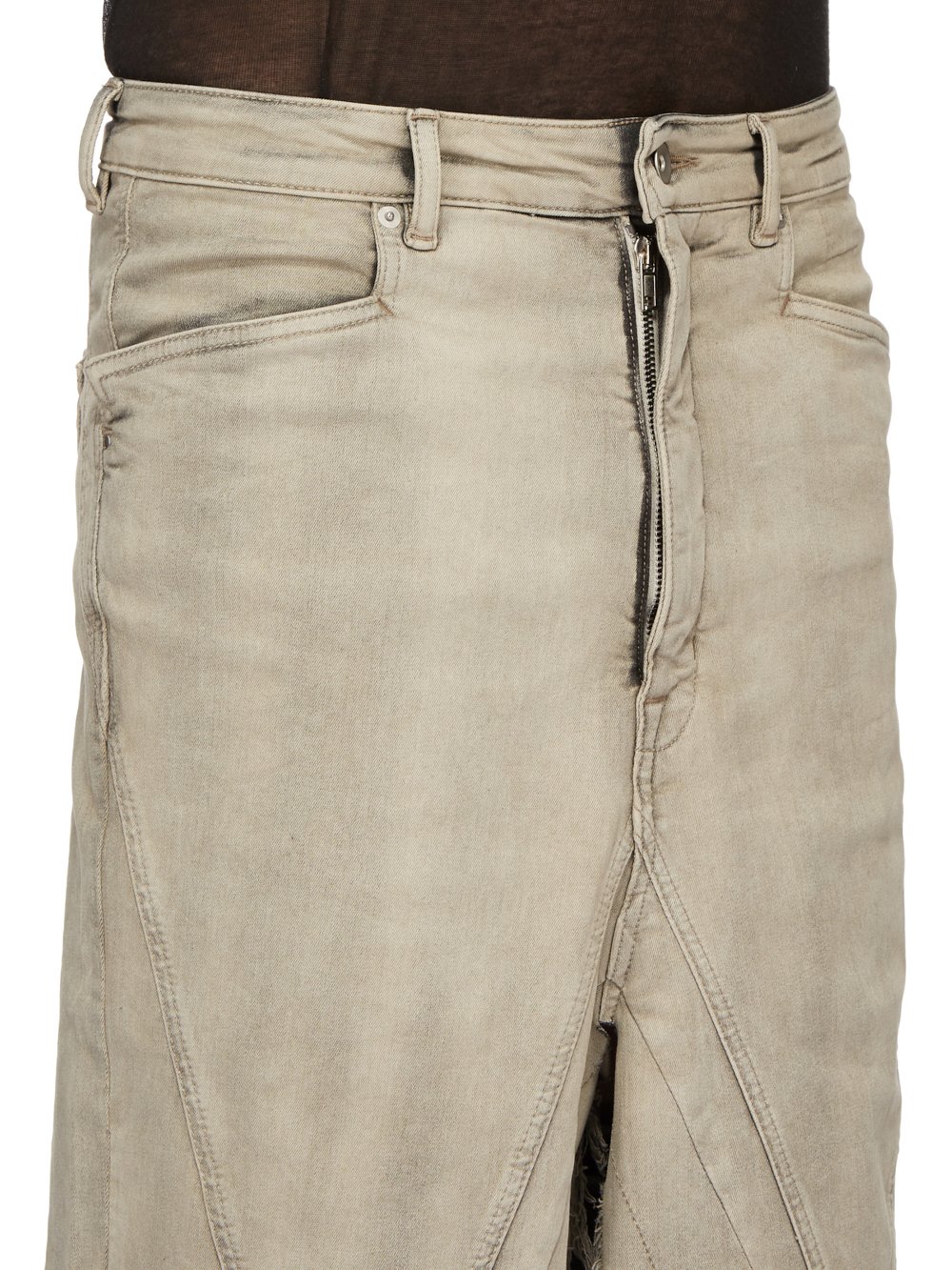 RICK OWENS FW23 LUXOR RUNWAY SLIVERED SKIRT IN MINERAL PEARL STRETCH DENIM FRINGED