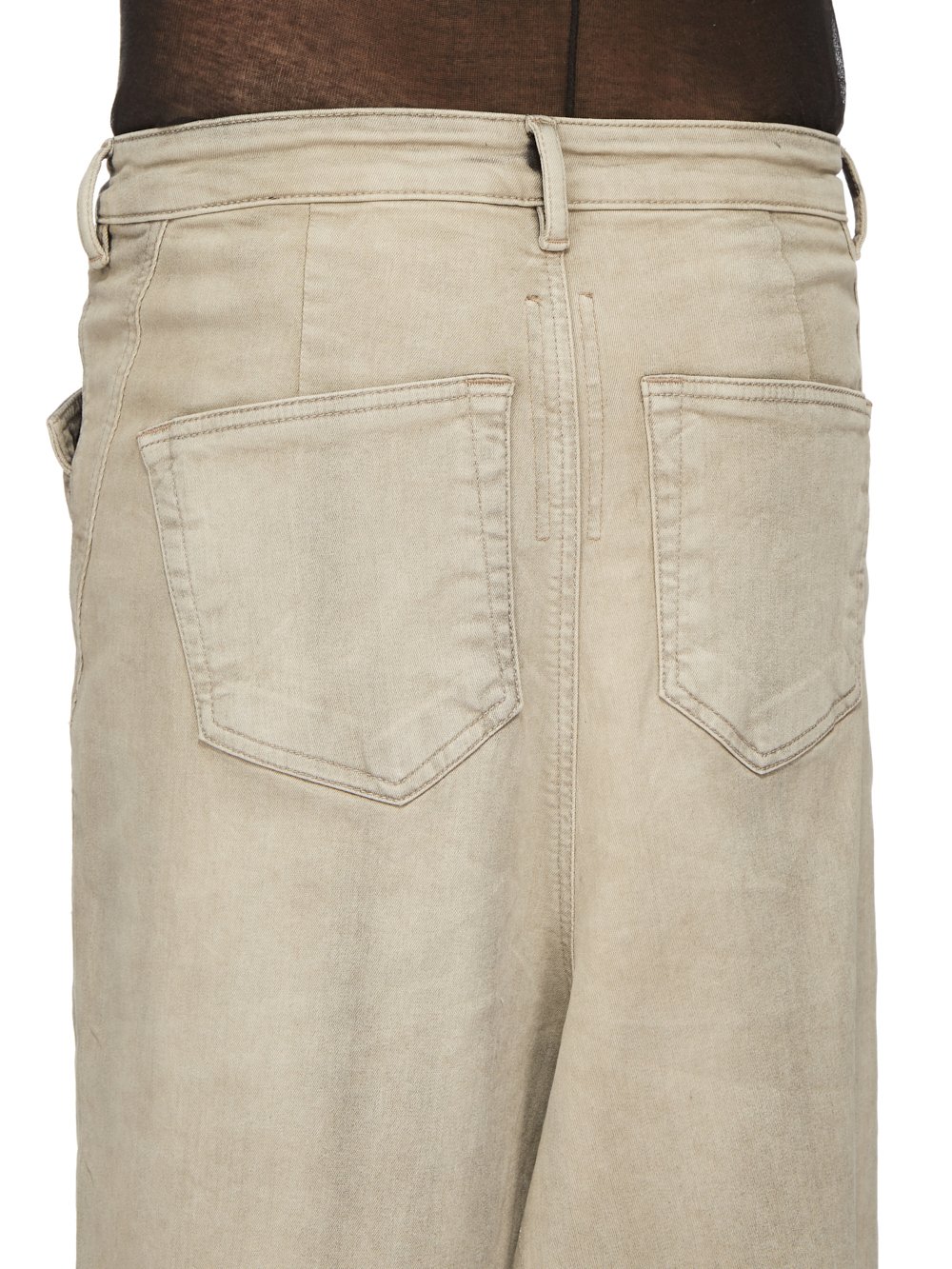 RICK OWENS FW23 LUXOR RUNWAY SLIVERED SKIRT IN MINERAL PEARL STRETCH DENIM FRINGED