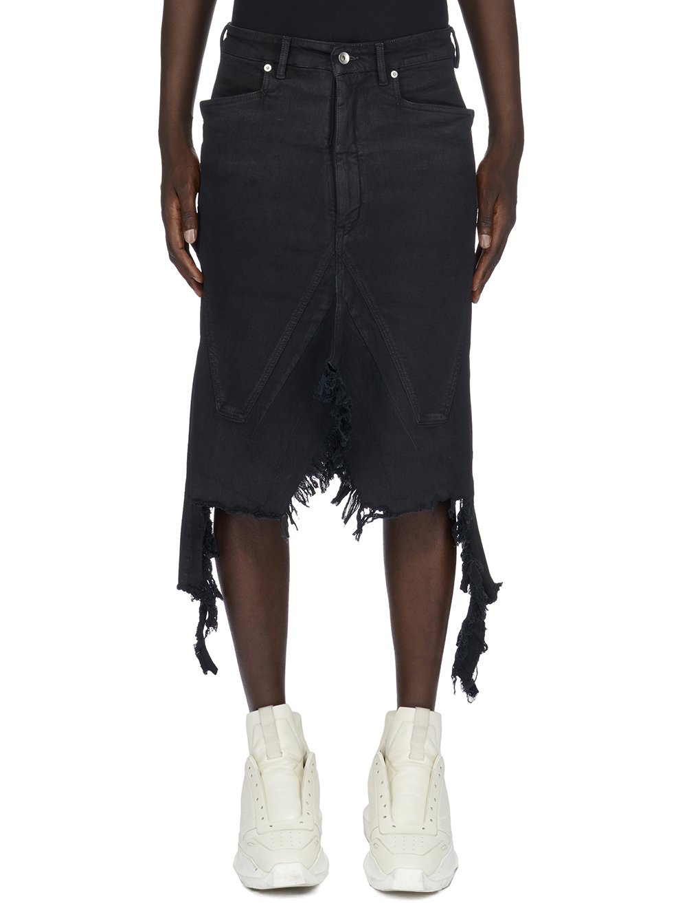 DRKSHDW FW23 LUXOR SLIVERED SKIRT IN BLACKETY BLACK STRETCH DENIM