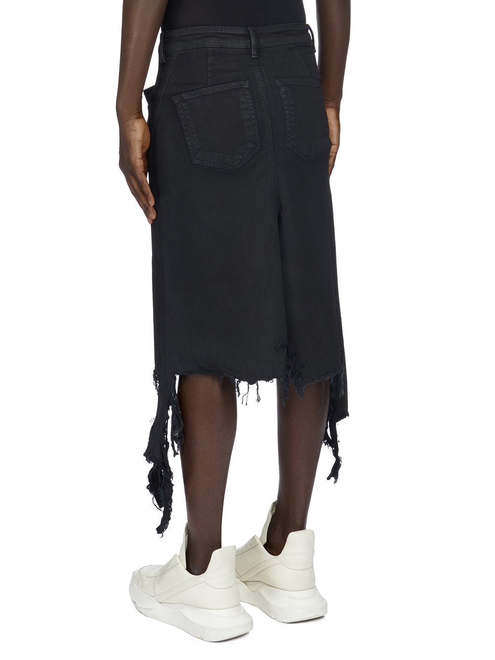 DRKSHDW FW23 LUXOR SLIVERED SKIRT IN BLACKETY BLACK STRETCH DENIM