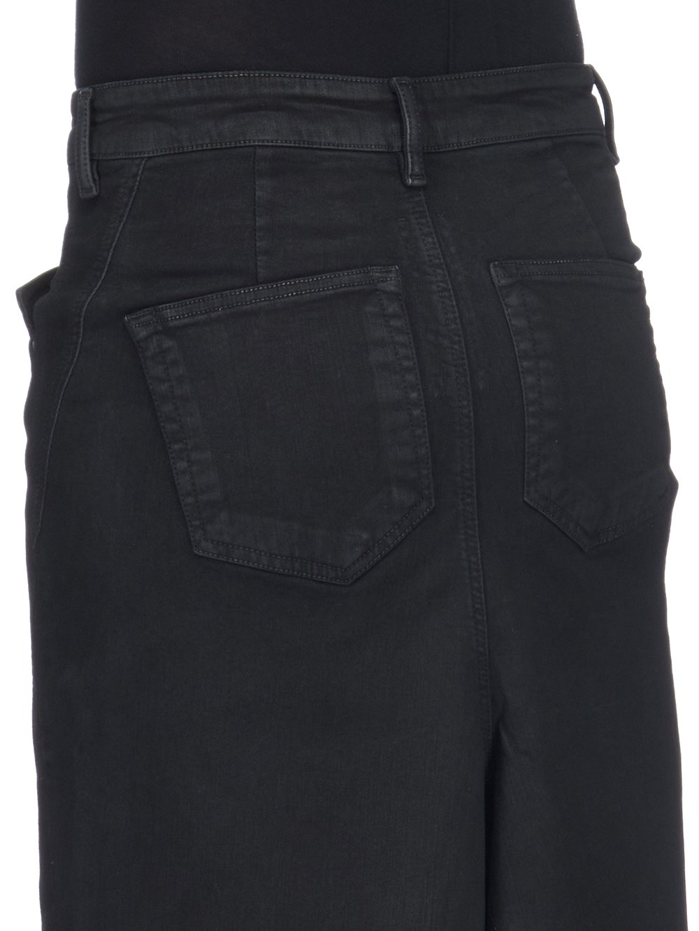 DRKSHDW FW23 LUXOR SLIVERED SKIRT IN BLACKETY BLACK STRETCH DENIM