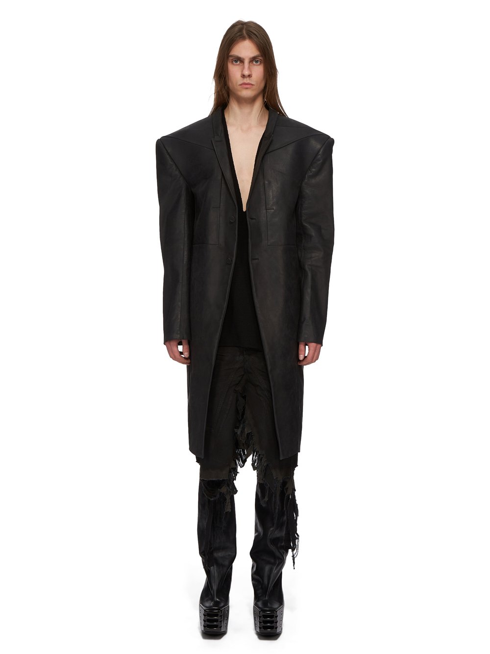 RICK OWENS FW23 LUXOR RUNWAY EDFU COAT IN BLACK RAVENNA CALF LEATHER