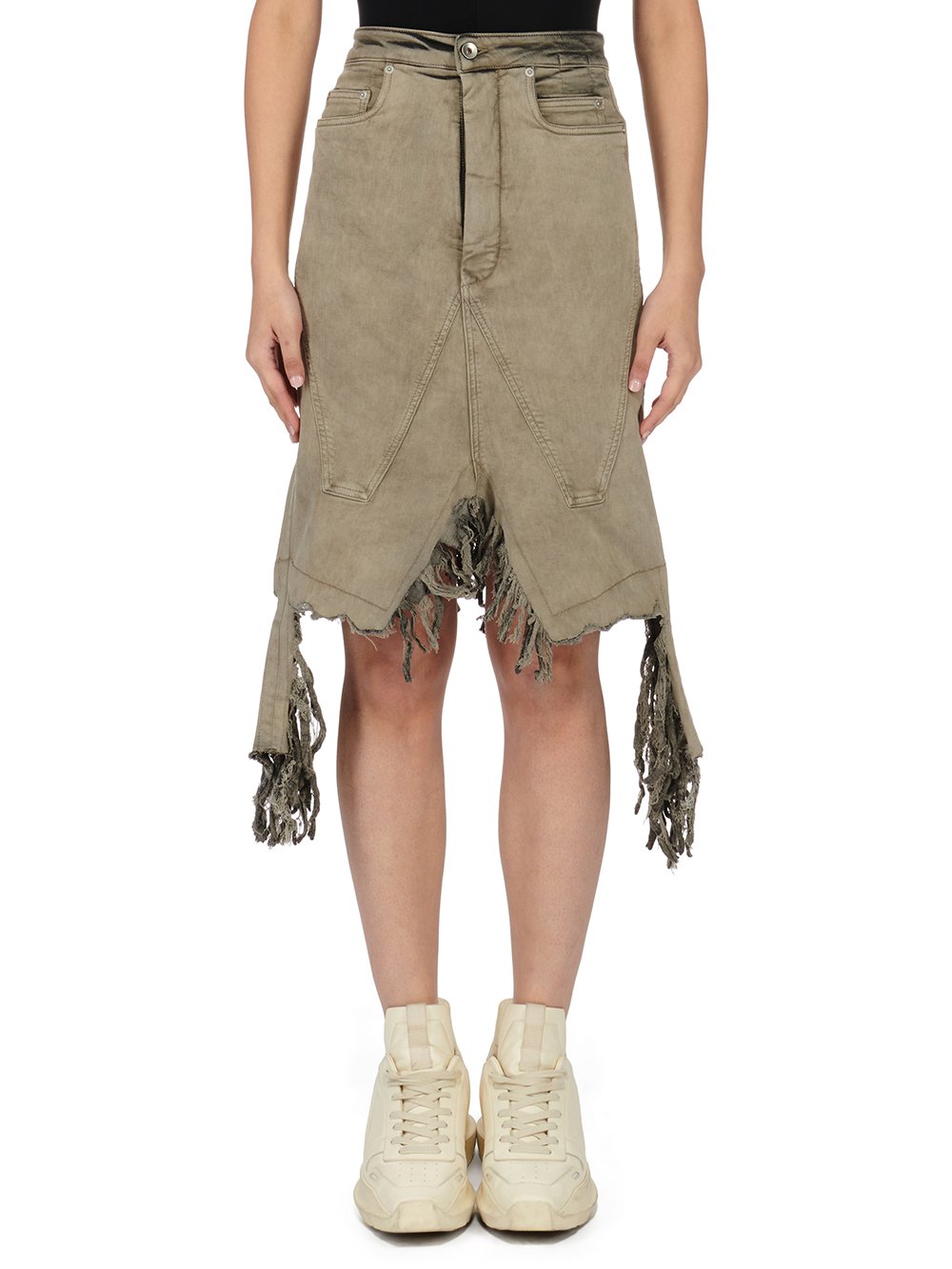 RICK OWENS FW23 LUXOR SLIVERED SKIRT IN MINERAL PEARL STRETCH DENIM