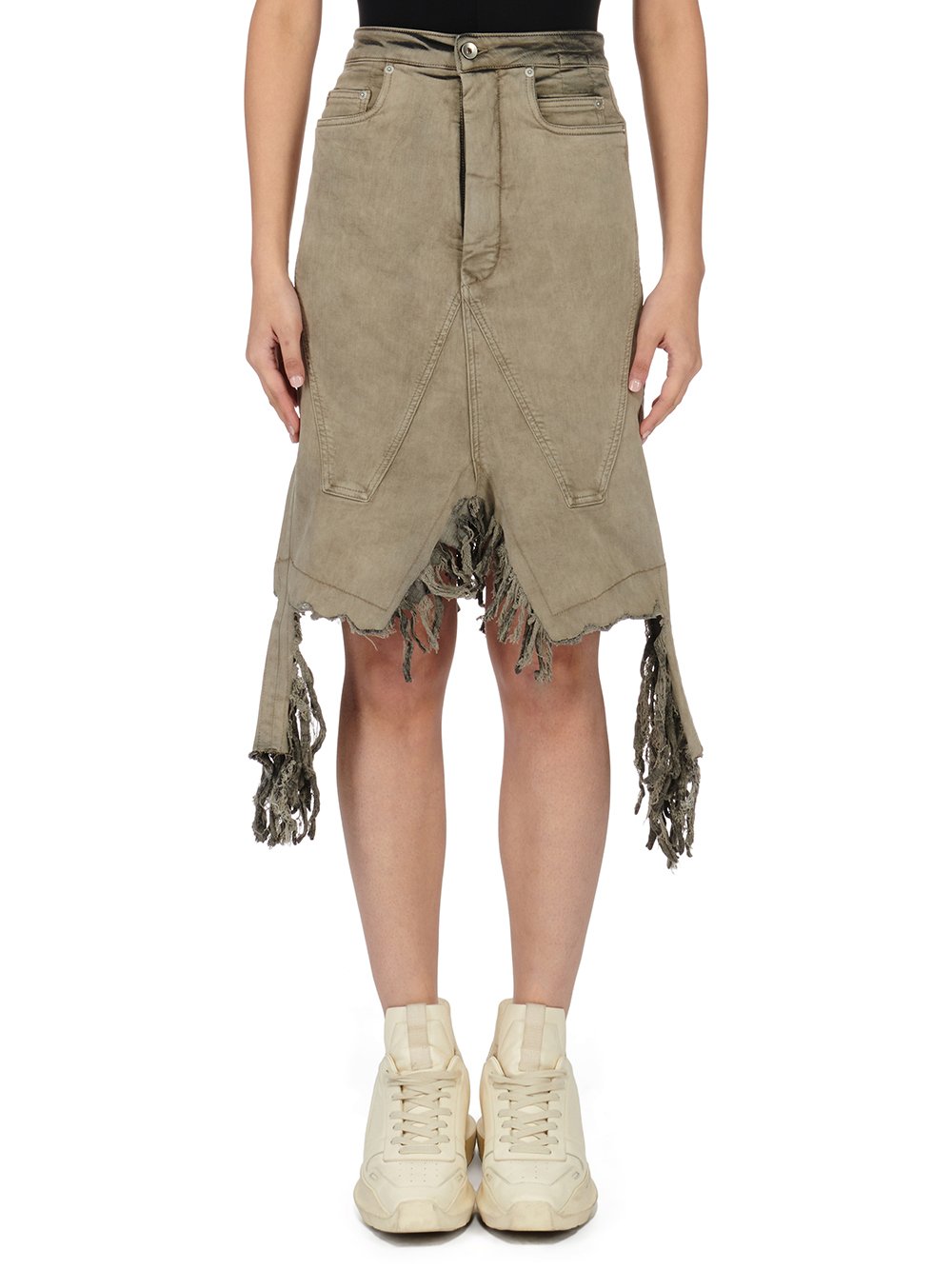 RICK OWENS FW23 LUXOR SLIVERED SKIRT IN MINERAL PEARL STRETCH DENIM RICK OWENS FW23 LUXOR SLIVERED SKIRT IN MINERAL PEARL STRETCH DENIM