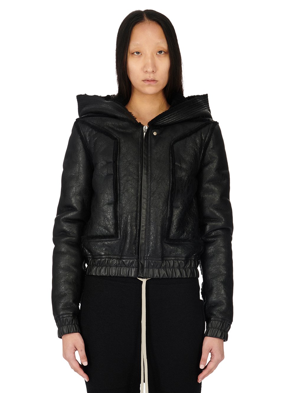 RICK OWENS FW23 LUXOR EDFU HOODED JKT IN BLACK BUTTER LAMB SHEARLING