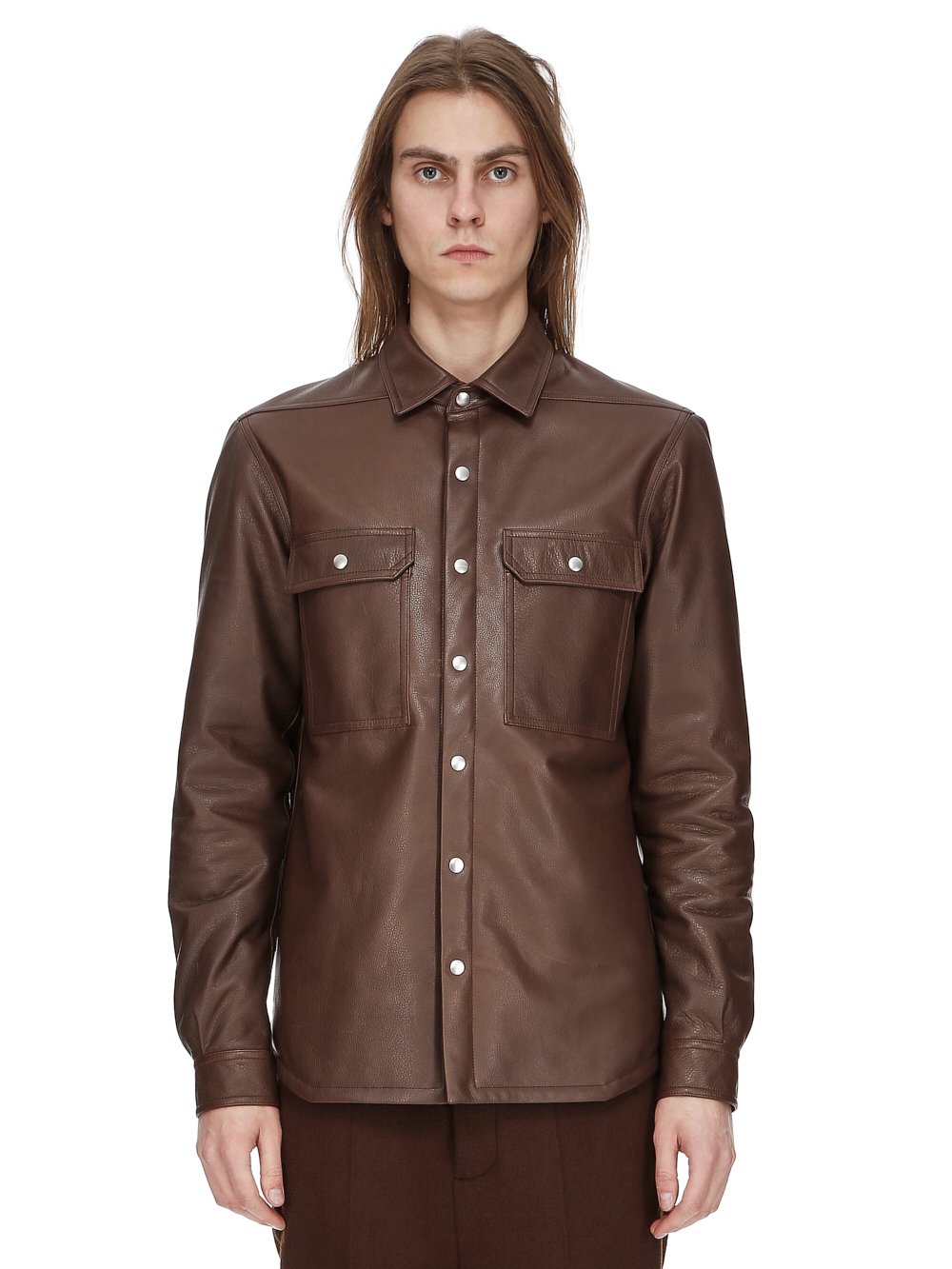 RICK OWENS FW23 LUXOR OUTERSHIRT IN BROWN SOFT GRAIN COW LEATHER