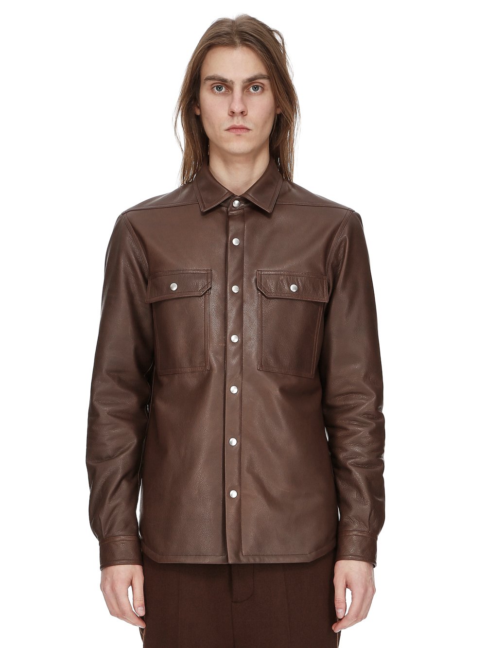 RICK OWENS FW23 LUXOR OUTERSHIRT IN BROWN SOFT GRAIN COW LEATHER RICK OWENS FW23 LUXOR OUTERSHIRT IN BROWN SOFT GRAIN COW LEATHER