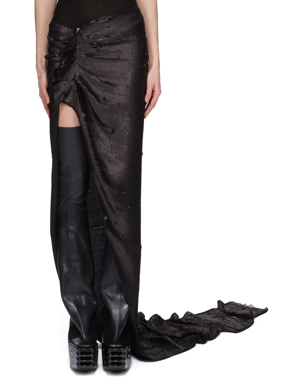 RICK OWENS FW23 LUXOR RUNWAY EDFU SKIRT RUNWAY LENGTH IN BLACK SEQUIN EMBROIDERED SILK CHIFFON