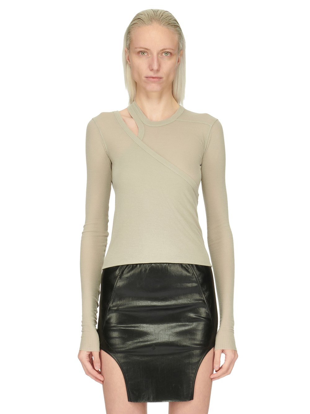 RICK OWENS FW23 LUXOR BANANA LS T IN PEARL VISCOSE SILK RIB JERSEY