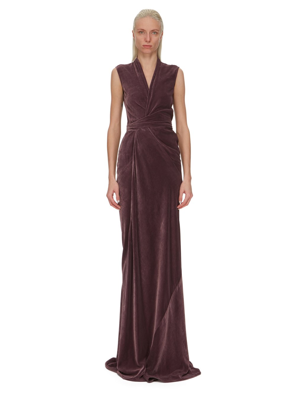 RICK OWENS FW23 LUXOR SL LONG WRAP GOWN IN AMETHYST VELVET