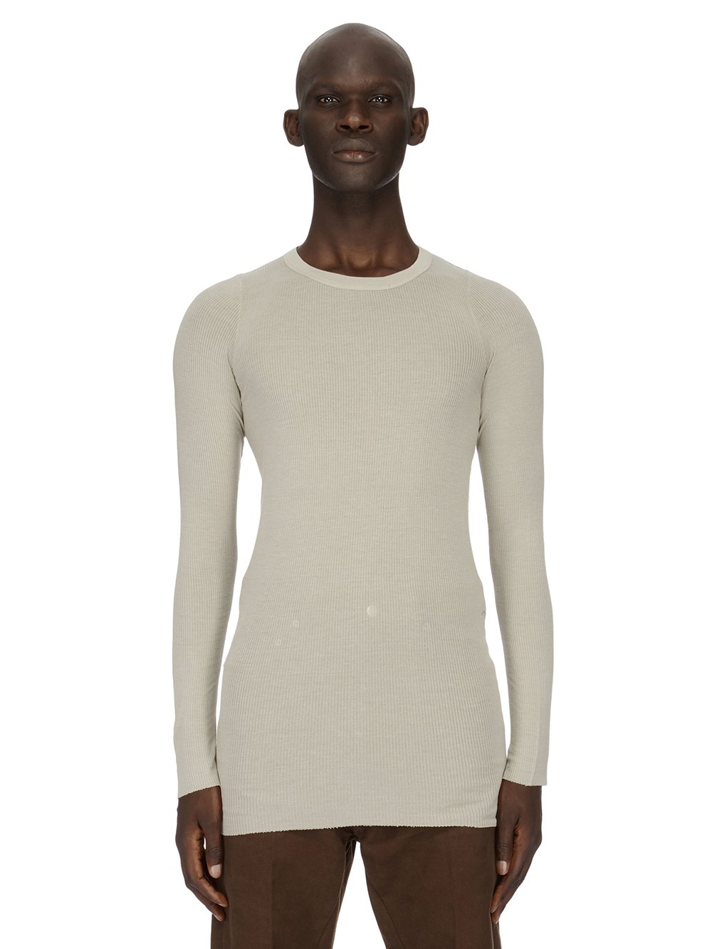 RICK OWENS FW23 LUXOR RIB LS T IN PEARL VISCOSE SILK RIB JERSEY