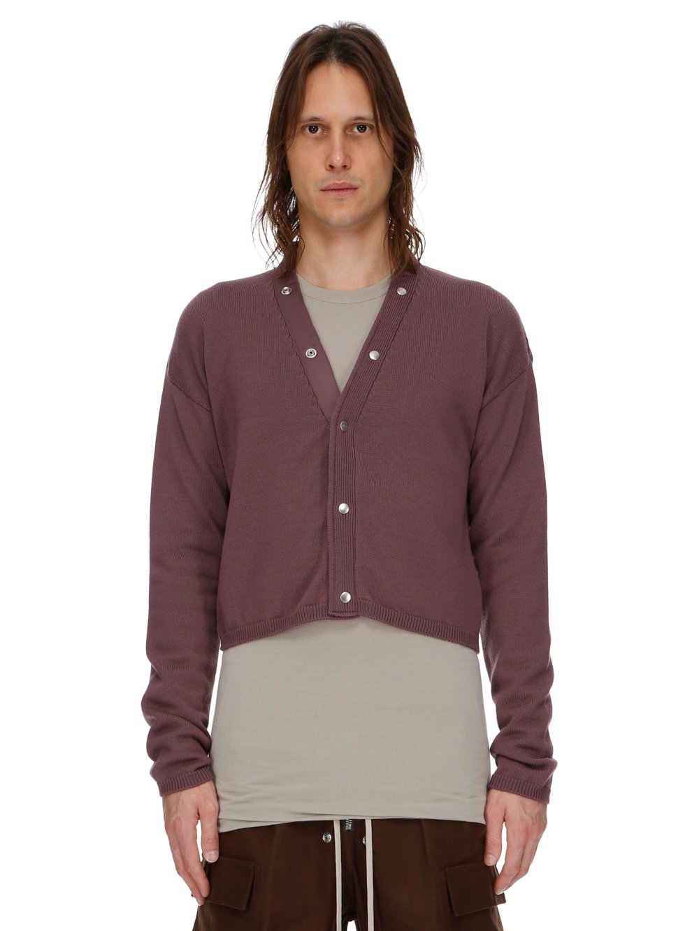 RICK OWENS FW23 LUXOR CROPPED PETER CARDIGAN IN AMETHYST LIGHTWEIGHT RASATO KNIT