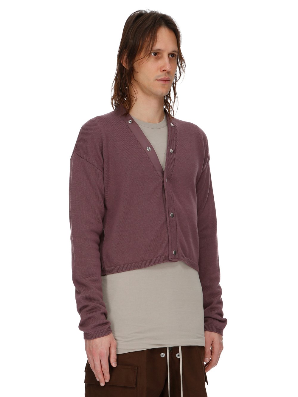 RICK OWENS FW23 LUXOR CROPPED PETER CARDIGAN IN AMETHYST LIGHTWEIGHT RASATO KNIT