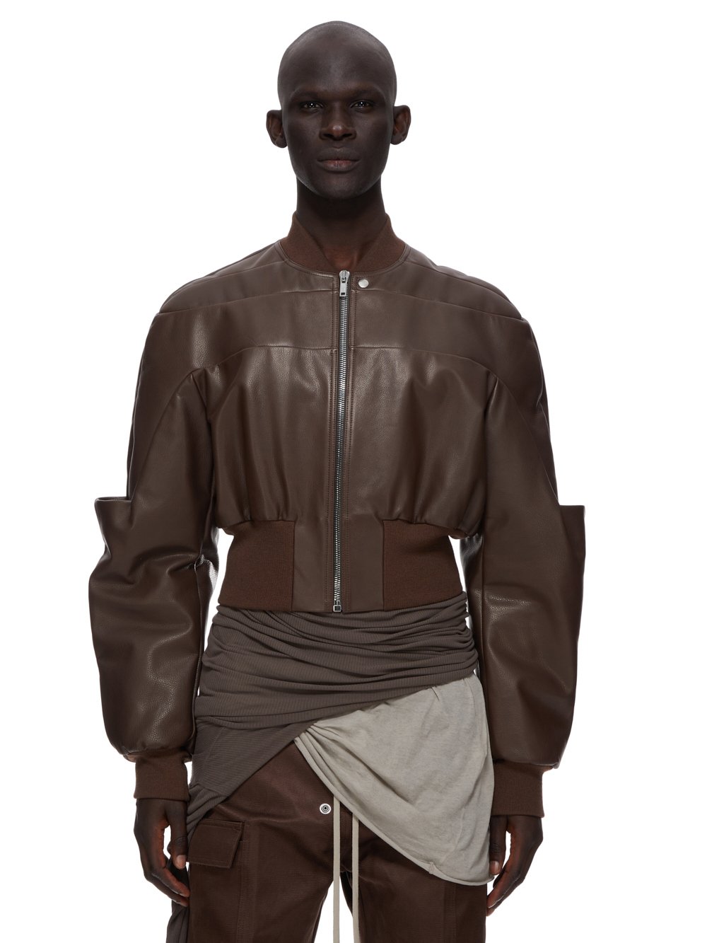 RICK OWENS FW23 LUXOR GIRDERED BOMBER CROPPED IN BROWN SOFT GRAIN COW LEATHER