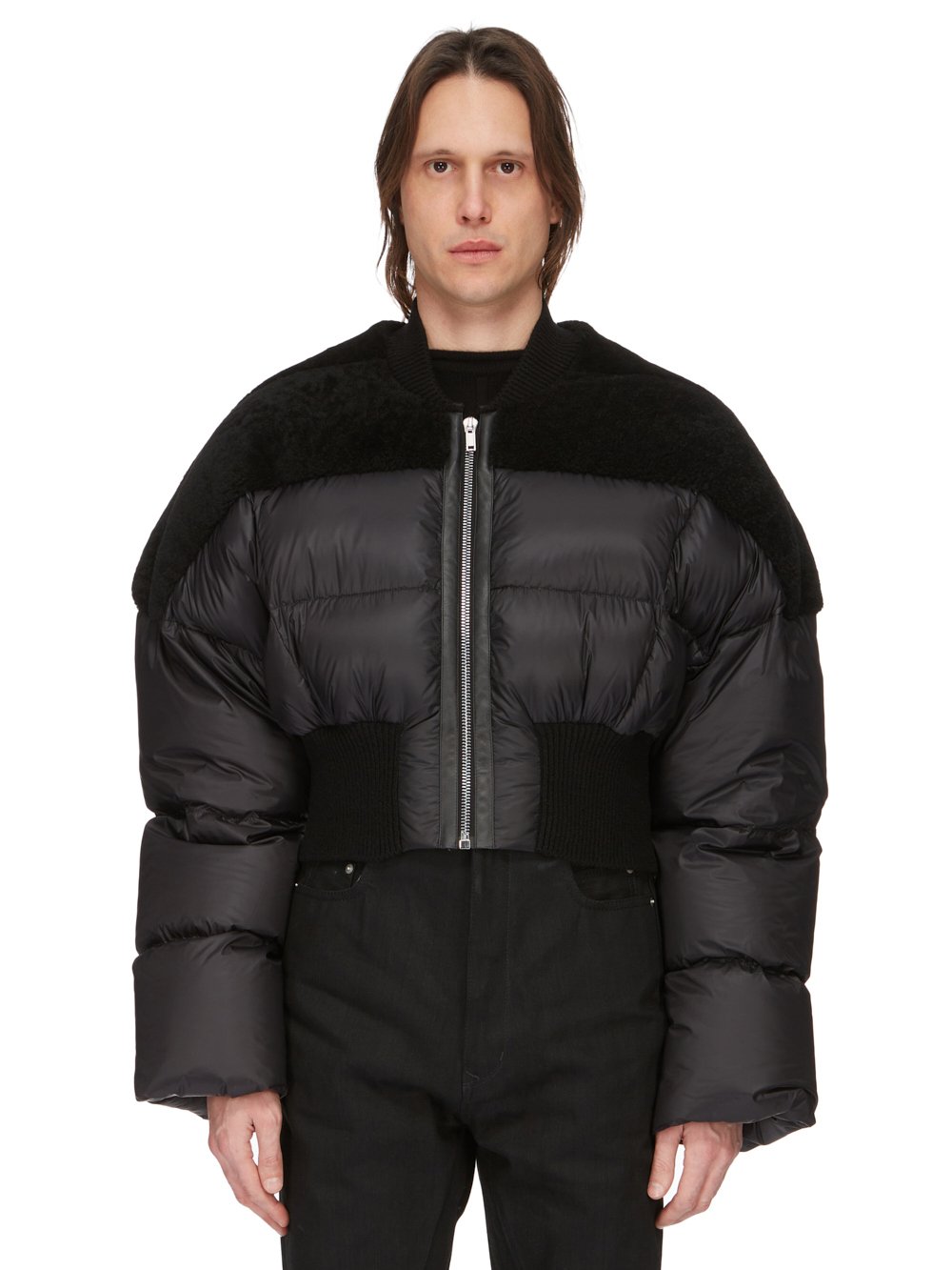 RICK OWENS FW23 LUXOR RUNWAY FLIGHT JKT CROPPED IN BLACK BUTTER LAMB SHEARLING AND RECYCLED NYLON RICK OWENS FW23 LUXOR RUNWAY FLIGHT JKT CROPPED IN BLACK BUTTER LAMB SHEARLING AND RECYCLED NYLON