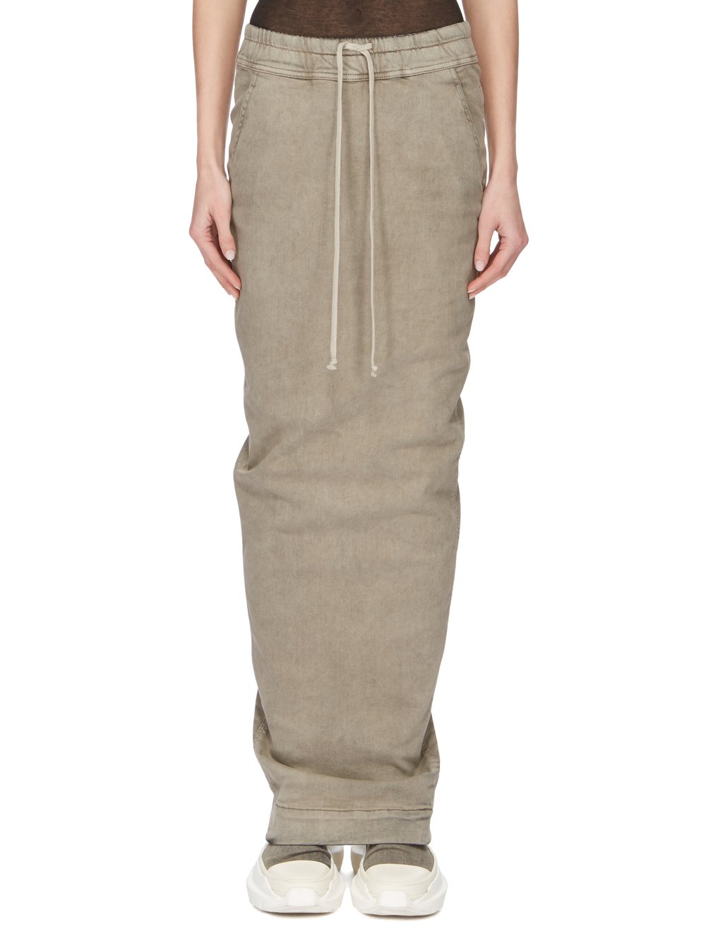 RICK OWENS FW23 LUXOR PULL ON PILLAR SKIRT IN MINERAL PEARL STRETCH DENIM